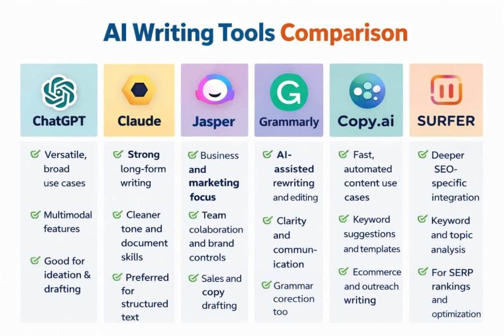 AI writing tools comparison chart